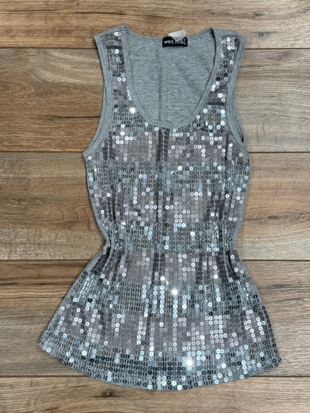 WET SEAL Vintage 2000s Y2k McBling Gray Silver Sequin Ribbed Tank Top | Size XS